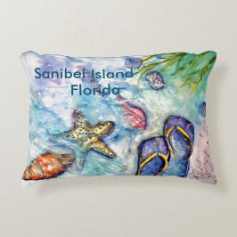 Sanibelのビーチサンダルの水彩画 アクセントクッション