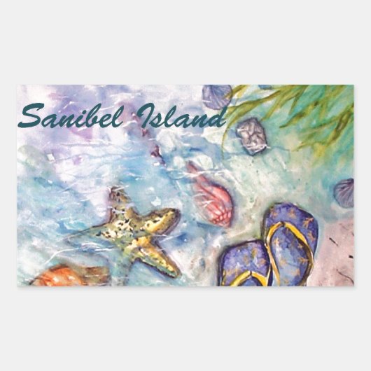 Sanibelの島の水彩画のフロリダの芸術 長方形シール (正面)