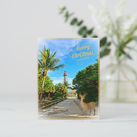 Sanibel Island FLライトハウスからのメリークリスマス シーズンポストカード (スタンド正面)