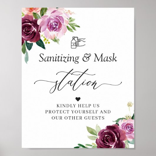 Sanitizing Mask Station Sign Mauve Purple Floral ポスター (正面)