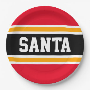 SANTAおもしろいブライトレッドブラックイエローフェスティバルストライプ ペーパープレート