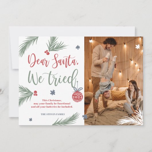 Santaおもしろい、親愛私たちはクリスマスの写真を試した シーズンカード (正面)