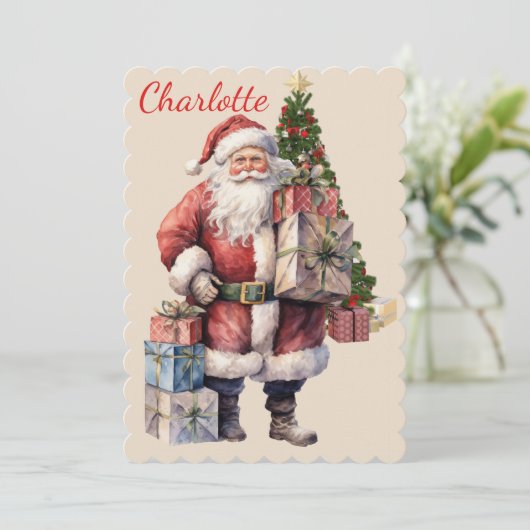 Santaから子供の名前あなたのテキストクリスマスを追加 シーズンカード (スタンド正面)