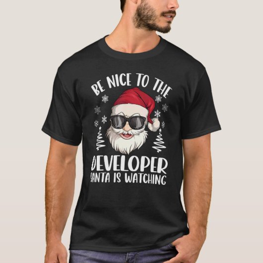Santaがクリスマスを見ている開発者に優しい Tシャツ (正面)