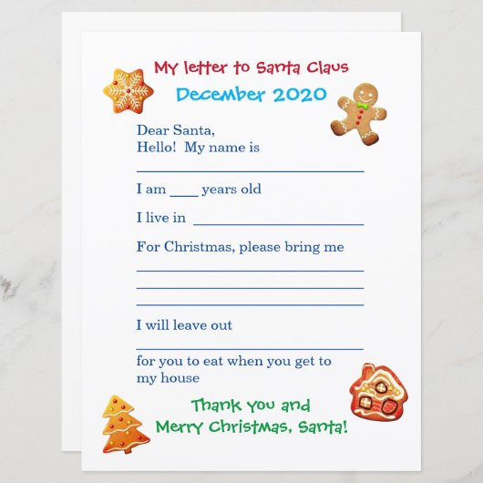 Santaへのカスタマイズ可能な子供の手紙 (正面/裏面)