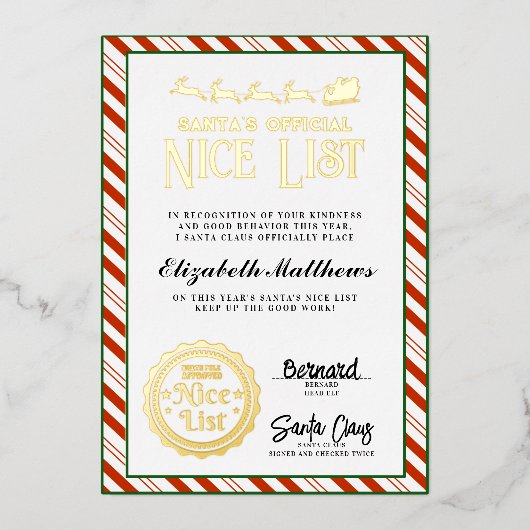 Santaカスタム承認ニースリスト賞フォイルカード 箔シーズンカード (正面)