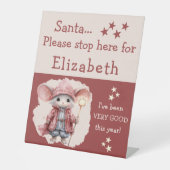 Santaストップここに名前かわいいマウスピンク 台座サイン (正面)