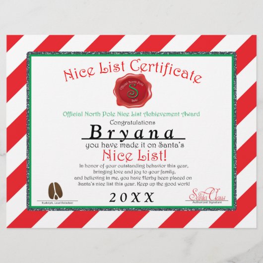 SantaパーソナライズされたのNICEリスト証明書 チラシ (正面)
