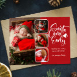 Santa 来 Early Birth Announcement写真 ポストカード<br><div class="desc">写真モダンコラージュのクリスマス誕生発表。あなたのベビーの誕生を発表し、あなたの家族と友人は、この休日の誕生の発表はがきと幸せな休日を願う。デザインは、ベビーの4枚の写真を備え、タイポグラフィのスクリプト来"サンタアーリー"トレンディーのレタリングで、前面にあなたのメッセージ。背面の詳細をさらにカスタマイズ。</div>