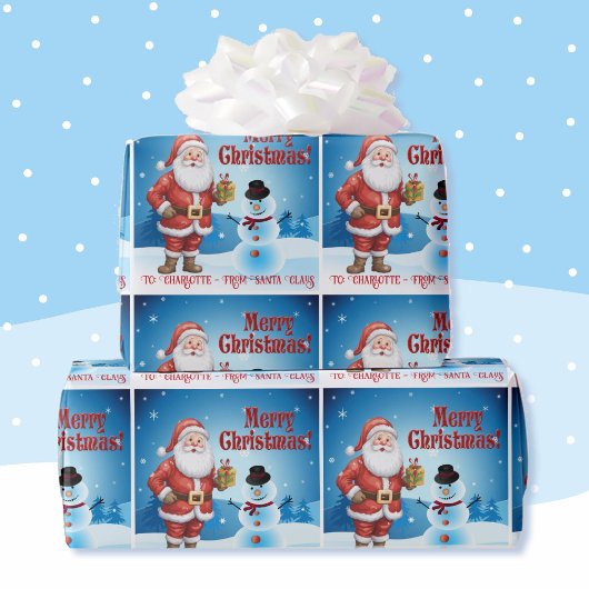 Santa Add Child's Nameかわいい雪だるまKidsから ラッピングペーパー