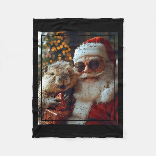 Santa And Beaver Selfie Funny Christmas Design  フリースブランケット (正面)