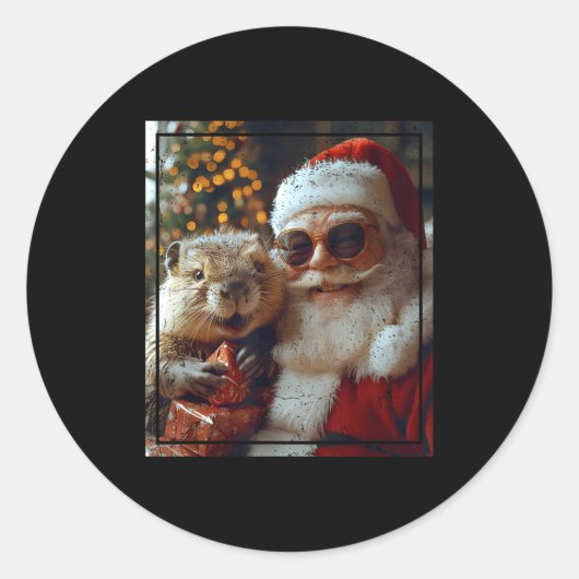 Santa And Beaver Selfie Funny Christmas Design  ラウンドシール (正面)