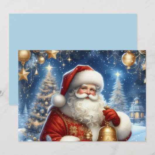 Santa and Christmas tree, blue & gold シーズンカード (正面/裏面)