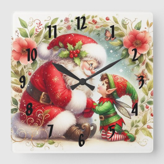 Santa And Elf 6 スクエア壁時計 (正面)