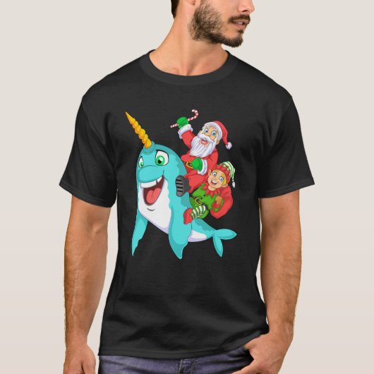 santa and elf riding narwhal tシャツ (正面)