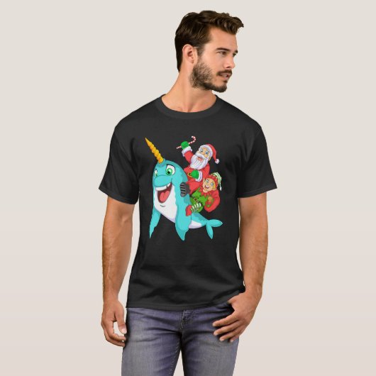 santa and elf riding narwhal tシャツ (正面フル)