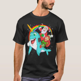 santa and elf riding narwhal tシャツ