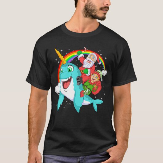 santa and elf riding narwhal tシャツ (正面)