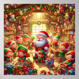 Santa and His Cute Little Elves in His Workshop ポスター
