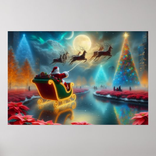 Santa and His Reindeer Flying in the Sky Poster ポスター (正面)