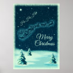 Santa and his Reindeers Christmas Night Sky ポスター<br><div class="desc">Ho Ho Ho Merry Christmas poster designed with a vintage illustration of Santa in his sleigh being pulled by his reindeers. Little stars sprinkle the night sky. Snow covered pine trees on the ground. Vintage retro feel.</div>