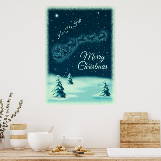 Santa and his Reindeers Christmas Night Sky ポスター (キッチン)