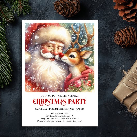 Santa and Red Nose Rudolph Christmas Party Invite 招待状