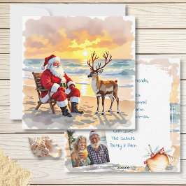 Santa and Reindeer at Beach Personalized Christmas シーズンカード