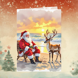 Santa and Reindeer at Beach Personalized Christmas シーズンカード
