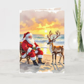 Santa and Reindeer at Beach Personalized Christmas シーズンカード (正面)