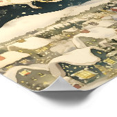 Santa and Reindeer Flying Over Snowy Village  ポスター (角)