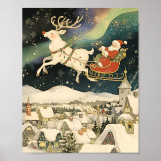 Santa and Reindeer Flying Over Snowy Village  ポスター