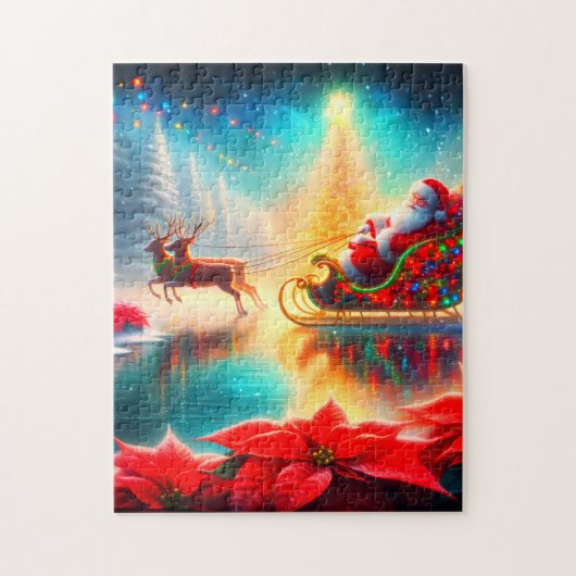 Santa and Reindeer on a Frozen Pond on His Sleigh ジグソーパズル (縦)