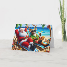 Santa and Reindeer on Beach Warm Climate シーズンカード