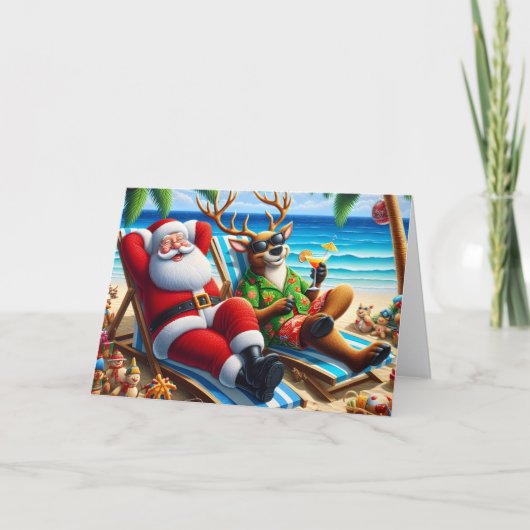 Santa and Reindeer on Beach Warm Climate シーズンカード (正面)