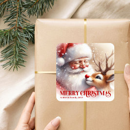 Santa and Rudolph Personalized Kids Christmas Labe スクエアシール