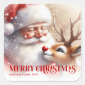 Santa and Rudolph Personalized Kids Christmas Labe スクエアシール (正面)