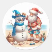 Santa and Snowman Tropical Island Christmas ラウンドシール (正面)