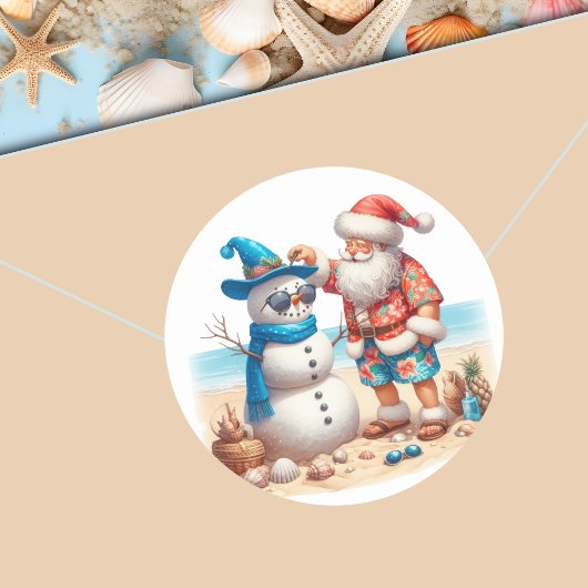 Santa and Snowman Tropical Island Christmas ラウンドシール