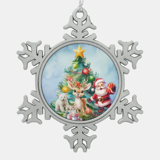 SANTA & ANIMAL FRIENDS PEWTER SNOWFLAKE ORNAMENT スノーフレークピューターオーナメント (正面)