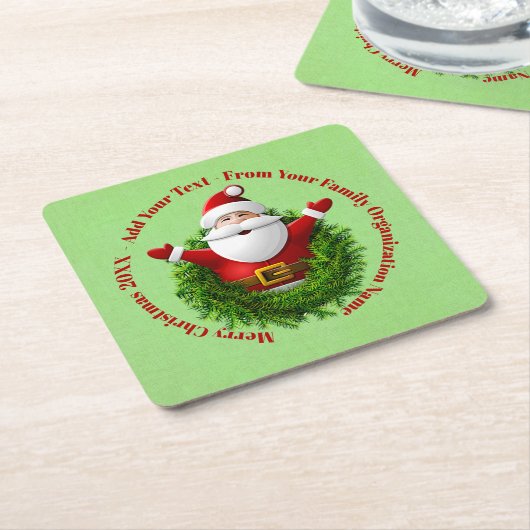 Santa Announcing Your Text Name Year Red Green スクエアペーパーコースター (アングル)
