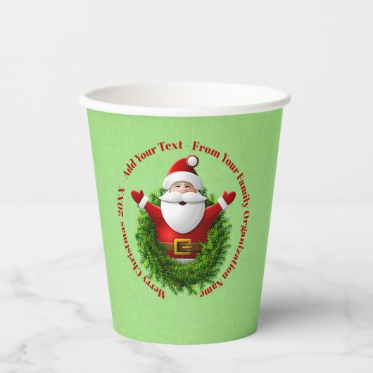 Santa Announcing Your Text Name Year Red Green 紙コップ (正面)