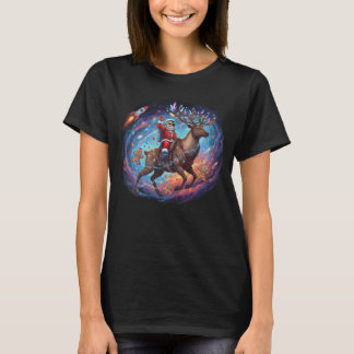 Santa Astronaut Riding Flying Reindeer Space Chris Tシャツ