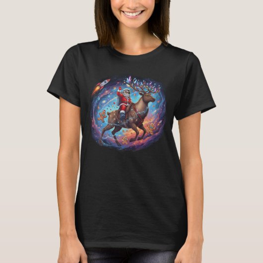 Santa Astronaut Riding Flying Reindeer Space Chris Tシャツ (正面)