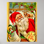 Santa At Window with Bag of Toys ポスター<br><div class="desc">Here is a fun vintage Christmas postcard! Santa has arrived and is about to come into the house through a window that is decorated with branches of holly and berries. Santa is carrying a bag of toys that is too full to keep a doll and toy horse hidden. Two of...</div>