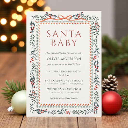 Santa Baby Bow Christmas Watercolor Baby Shower 招待状