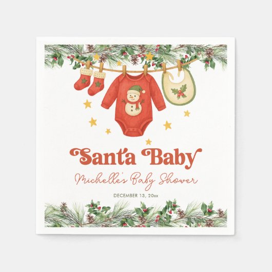 Santa Baby Christmas Clothesline Baby Shower スタンダードカクテルナプキン (正面)