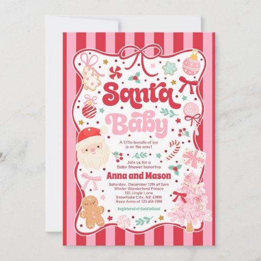 Santa Baby Christmas Coquette Bow Baby Shower 招待状 (正面)