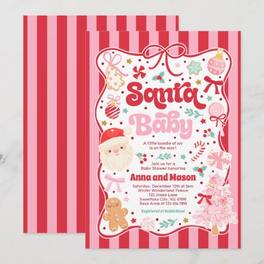 Santa Baby Christmas Coquette Bow Baby Shower 招待状 (正面/裏面)
