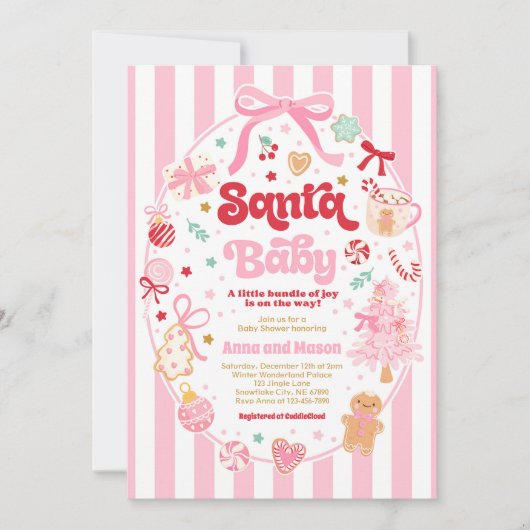 Santa Baby Christmas Coquette Bow Baby Shower 招待状 (正面)